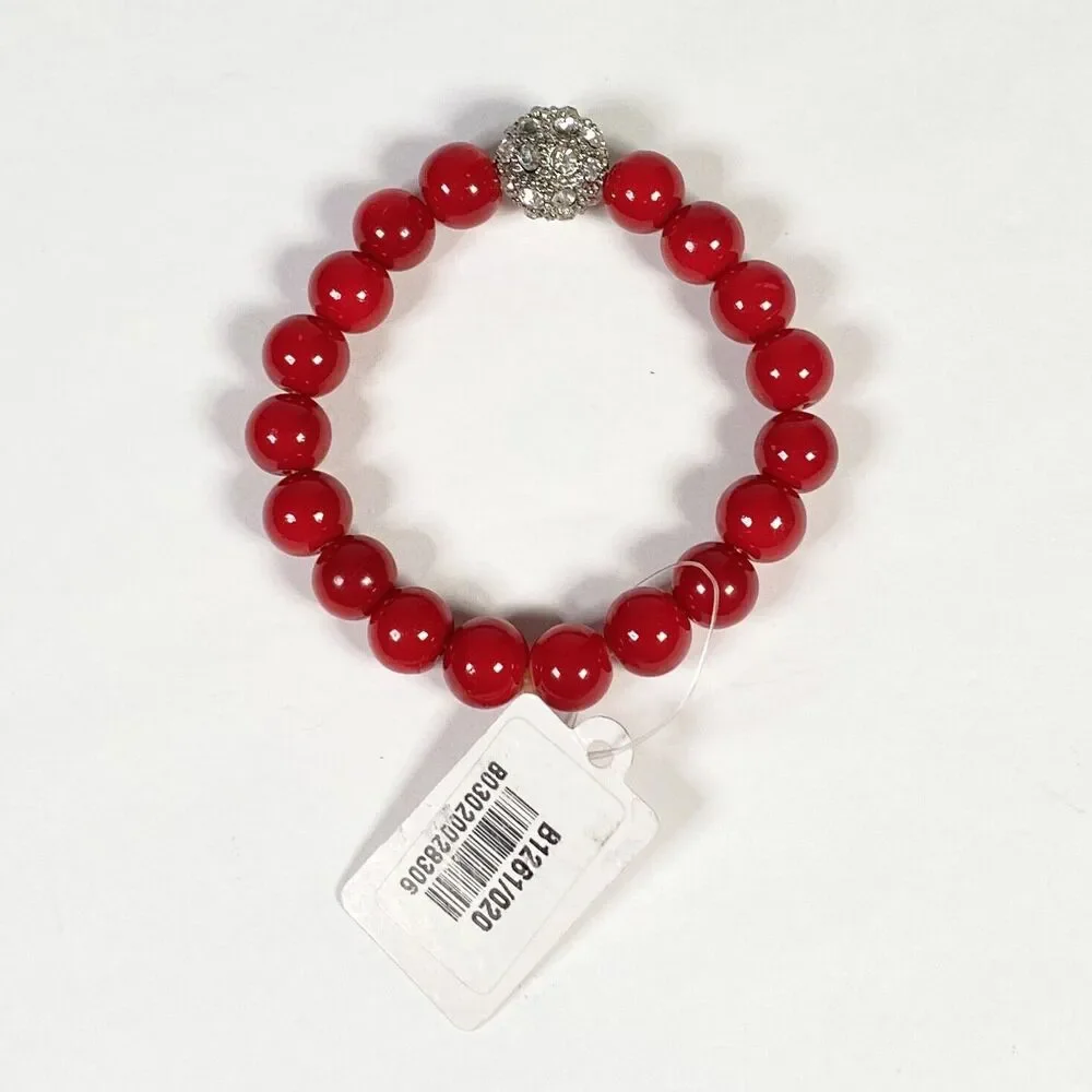 Boutique Red Beaded Stretch Bracelet Silver Tone Crystal Charm Holiday Gift New